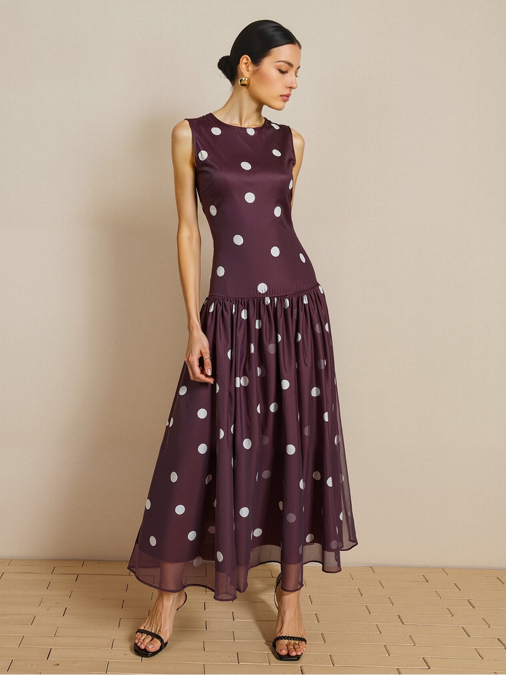 Commense Polka Dot Sleeveless Chiffon Maxi Dress